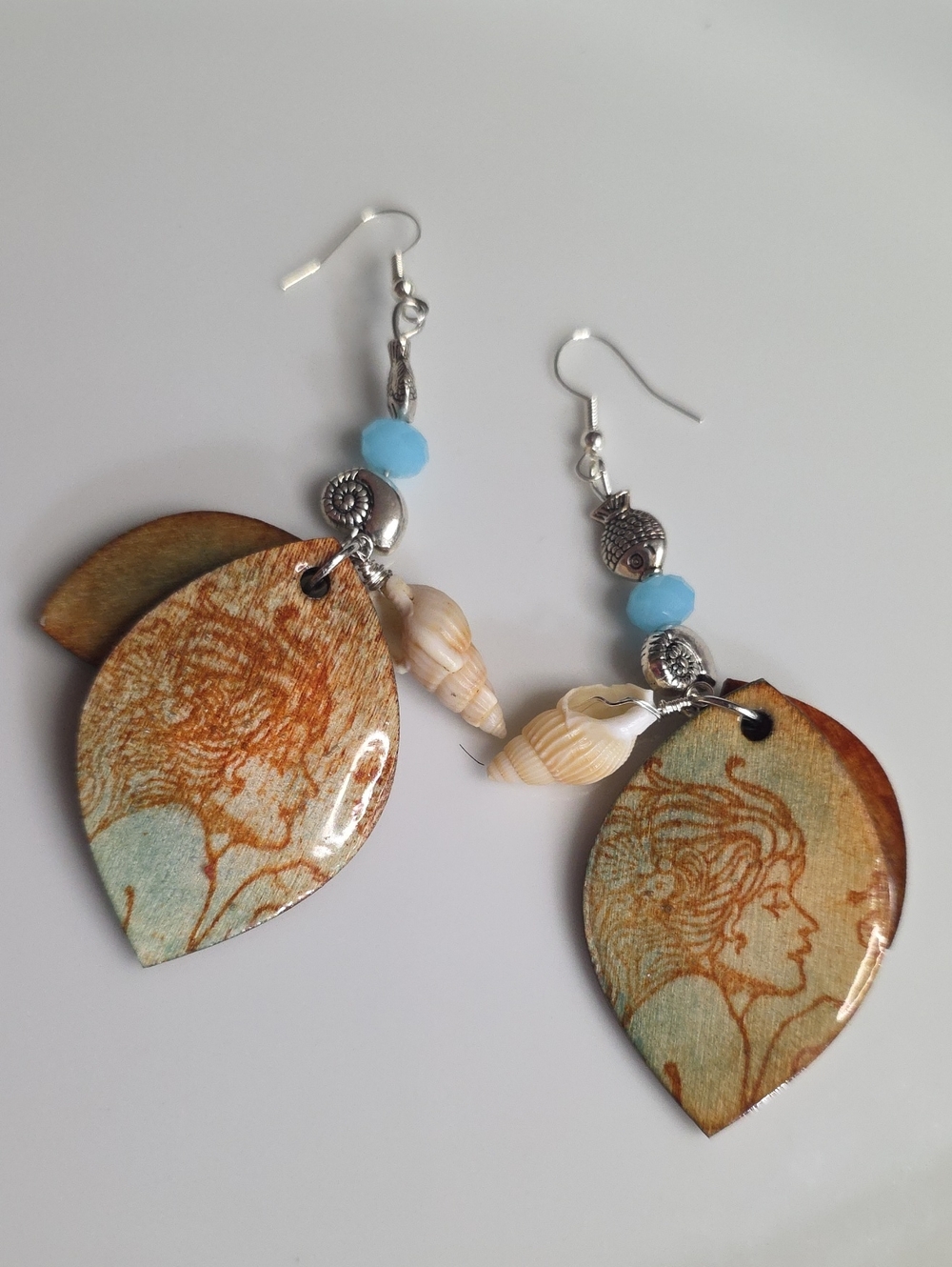 Mermaid Handcrafted Earings wirj Shell and Sikver tone Accents